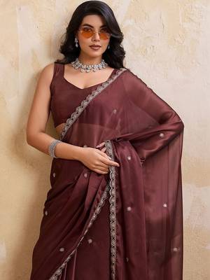 Coffee embroidered angara saree with unstitched blouse 2