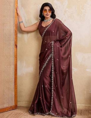 Coffee embroidered angara saree with unstitched blouse 3