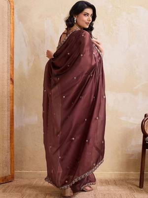 Coffee embroidered angara saree with unstitched blouse 4
