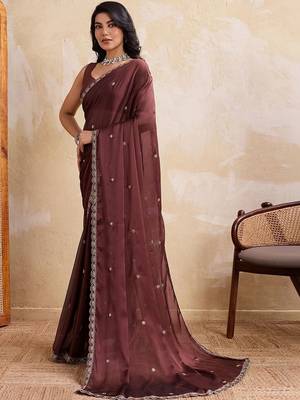 Coffee embroidered angara saree with unstitched blouse 5