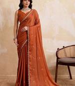 Rust embroidered saree with unstitched blouse