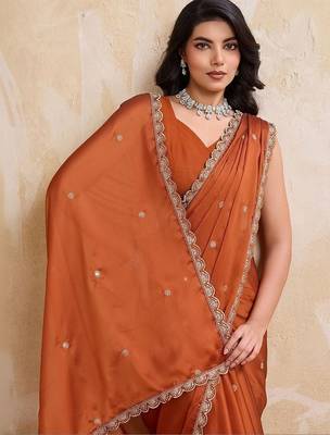 Rust embroidered saree with unstitched blouse 2