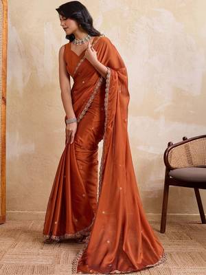 Rust embroidered saree with unstitched blouse 3