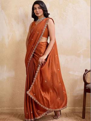 Rust embroidered saree with unstitched blouse 5