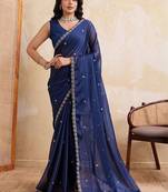 Navy blue embroidered angara saree with unstitched blouse