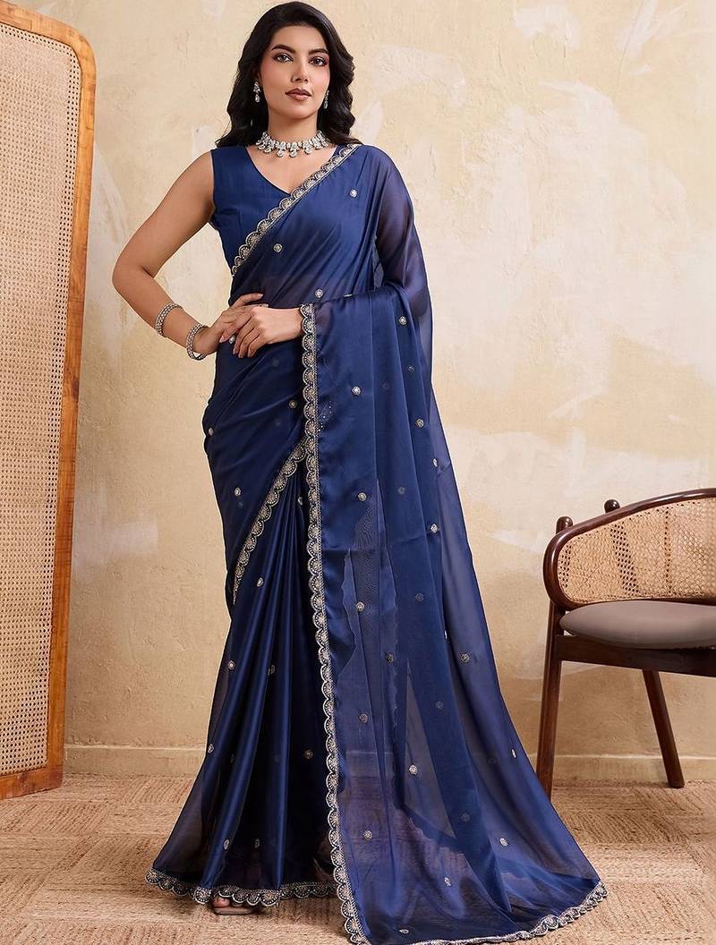 Navy blue embroidered angara saree with unstitched blouse