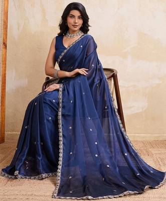Navy blue embroidered angara saree with unstitched blouse 3