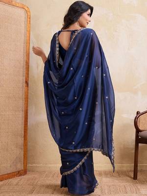 Navy blue embroidered angara saree with unstitched blouse 4