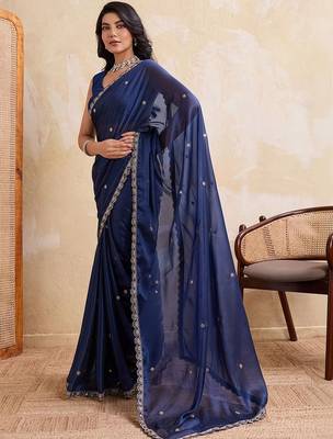 Navy blue embroidered angara saree with unstitched blouse 5