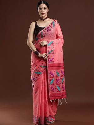 Pink woven design saree with blouse 1