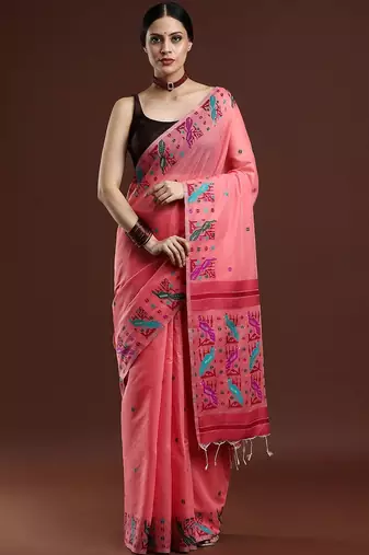 Pink woven design saree with blouse