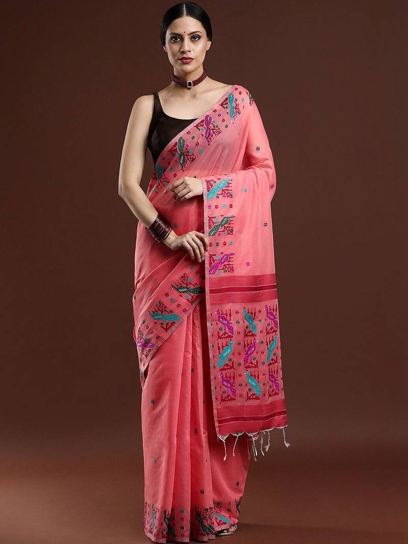 Pink woven design saree with blouse