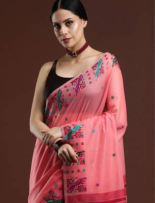 Pink woven design saree with blouse 2
