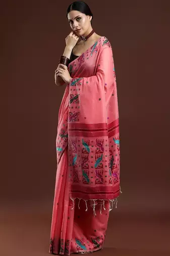 Pink woven design saree with blouse