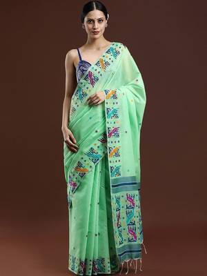 Green woven design muga saree with blouse 1