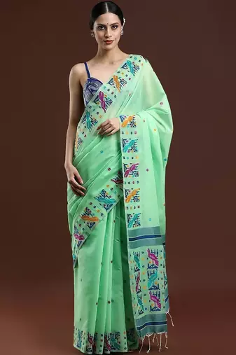 Green woven design muga saree with blouse