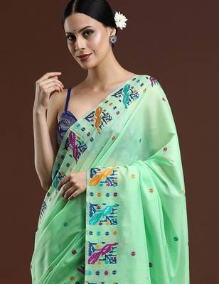 Green woven design muga saree with blouse 2