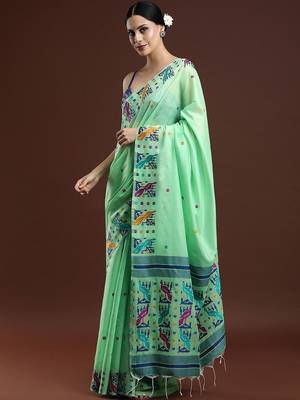 Green woven design muga saree with blouse 3