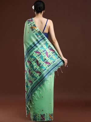 Green woven design muga saree with blouse 4
