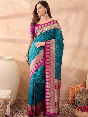 Teal woven design banarasi sarees with unstitched blouse 1