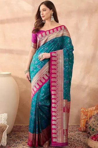 Teal woven design banarasi sarees with unstitched blouse