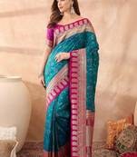 Teal woven design banarasi sarees with unstitched blouse