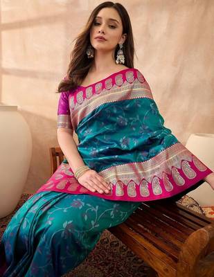 Teal woven design banarasi sarees with unstitched blouse 2
