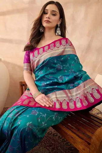 Teal woven design banarasi sarees with unstitched blouse