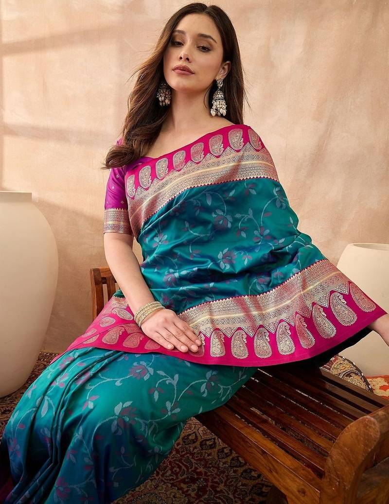 Teal woven design banarasi sarees with unstitched blouse