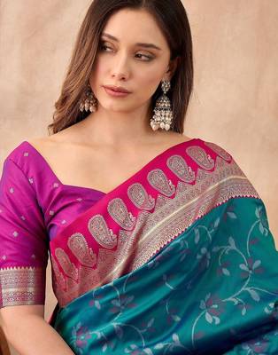 Teal woven design banarasi sarees with unstitched blouse 3