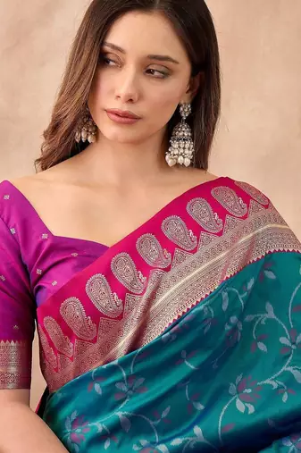 Teal woven design banarasi sarees with unstitched blouse