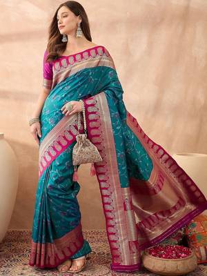 Teal woven design banarasi sarees with unstitched blouse 4