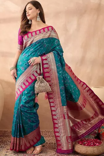 Teal woven design banarasi sarees with unstitched blouse