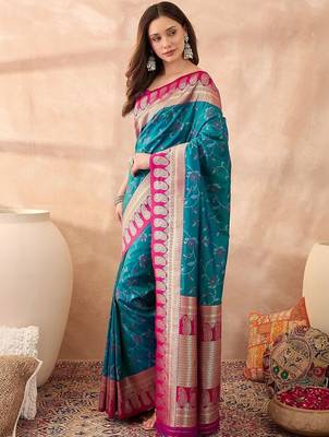 Teal woven design banarasi sarees with unstitched blouse 5
