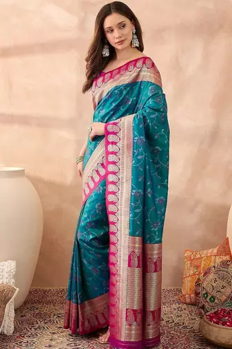 Teal woven design banarasi sarees with unstitched blouse