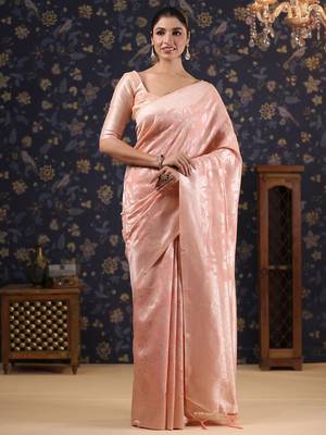 Pink pure linen woven design  banarasi saree with blouse piece 1