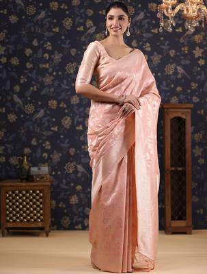 Pink pure linen woven design  banarasi saree with blouse piece 2