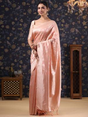 Pink pure linen woven design  banarasi saree with blouse piece 3
