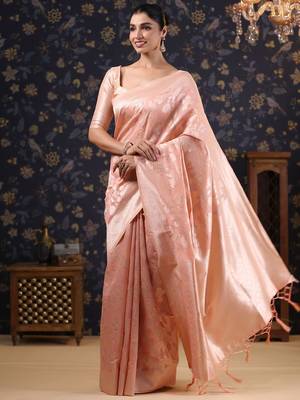 Pink pure linen woven design  banarasi saree with blouse piece 4