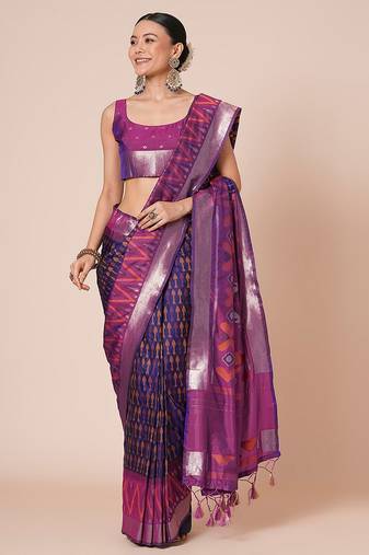 Navy blue woven design pochampally saree with blouse piece