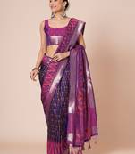 Navy blue woven design pochampally saree with blouse piece