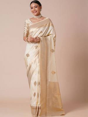 Cream bagh woven design banarasi saree with blouse piece 4