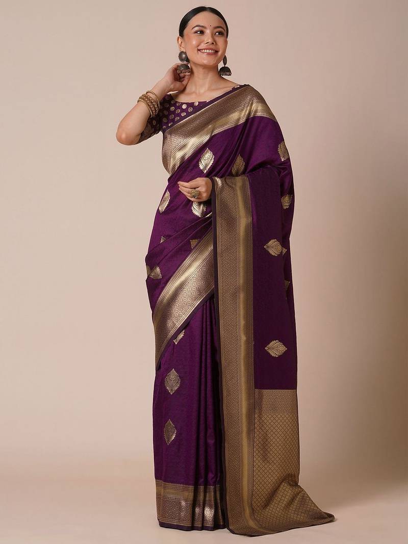 Purple woven design banarasi saree with blouse piece