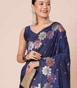 Navy blue women floral banarasi saree with blouse piece