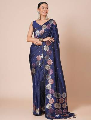 Navy blue women floral banarasi saree with blouse piece 2