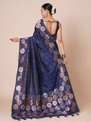 Navy blue women floral banarasi saree with blouse piece 3