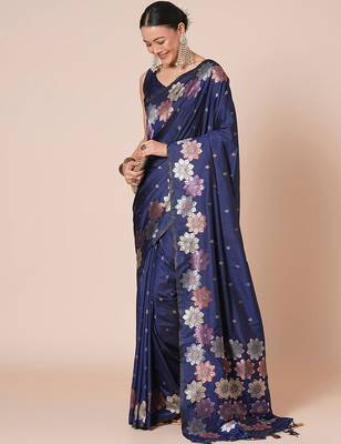 Navy blue women floral banarasi saree with blouse piece 4