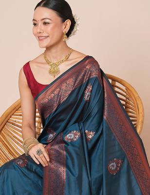 Teal women ethnic motifs woven design banarasi saree 1