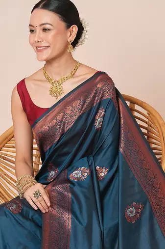 Teal women ethnic motifs woven design banarasi saree