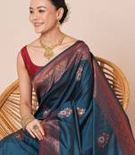 Teal women ethnic motifs woven design banarasi saree